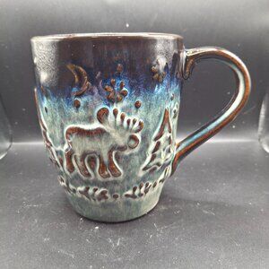 Handcrafted Cape Shore Moose Mug Christmas Pine Tree Blue Brown Glazed